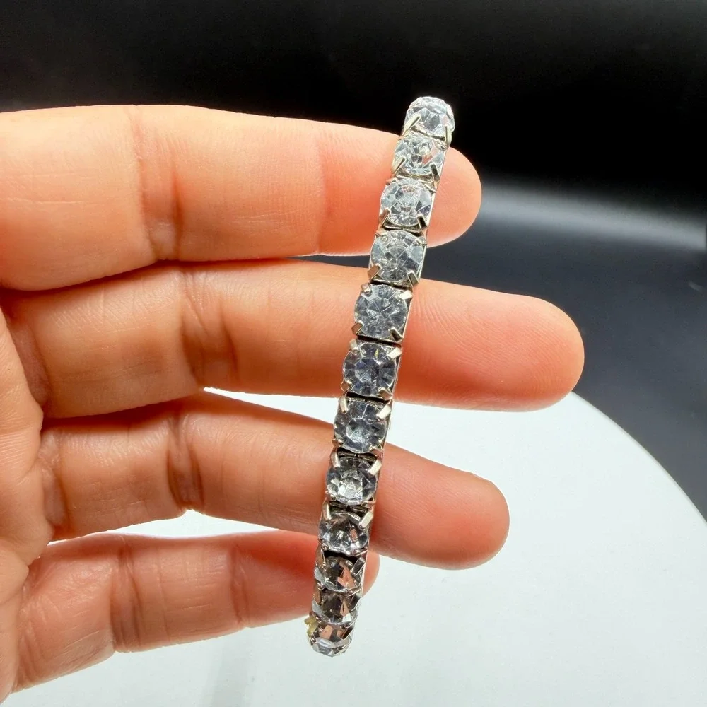 Clear Crystal Rhinestone Silver Tone Stretch Tennis Bracelet Statement Gift